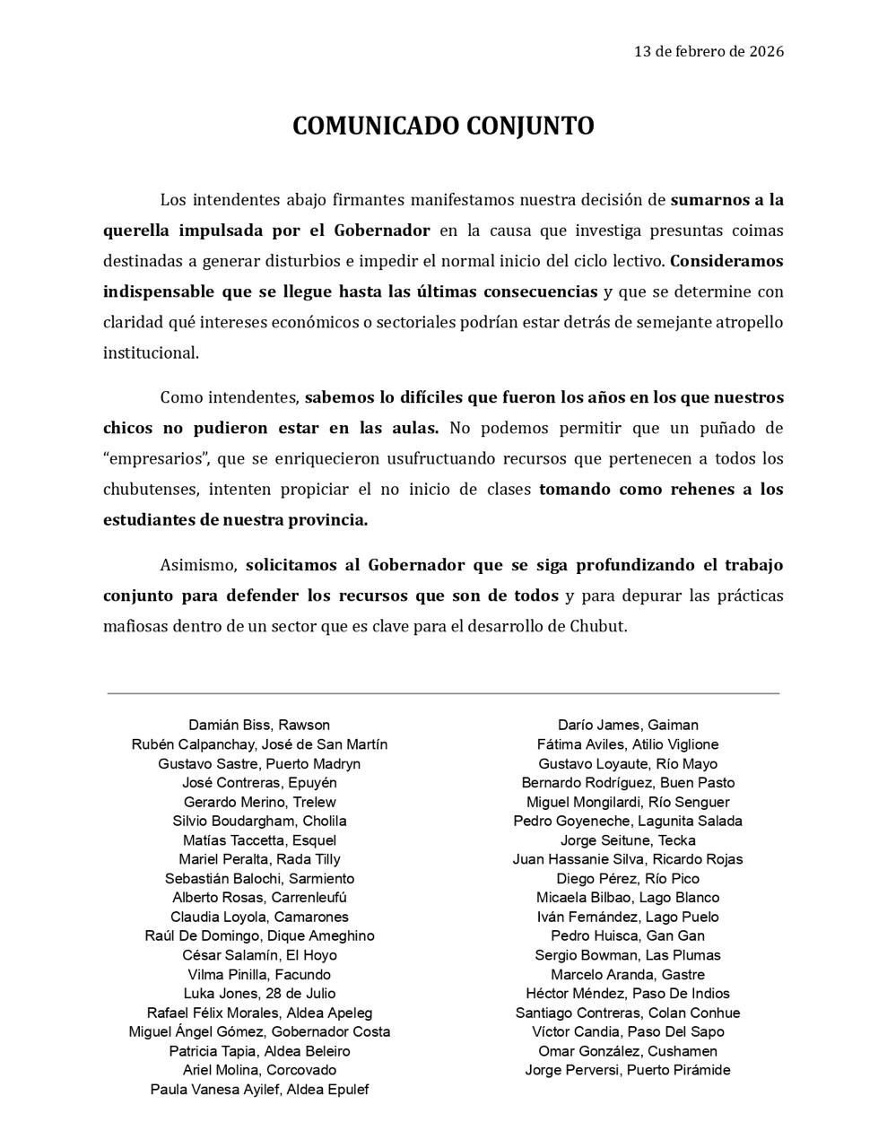 Intendentes de toda la provincia se suman a la querella impulsada por el Gobernador en la investigación por presuntas coimas para impedir el inicio de clases